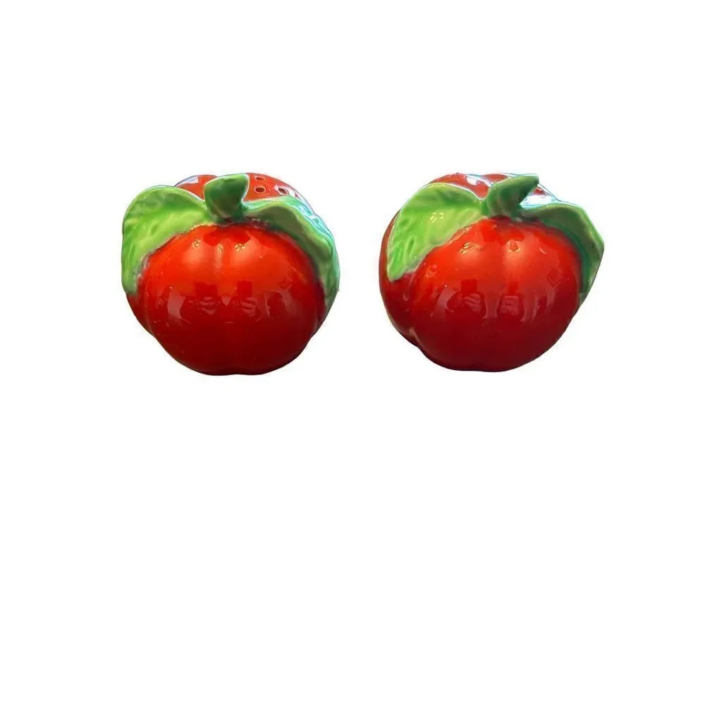 Vintage ceramic red apple salt pepper shakers EUC needs stoppers EH